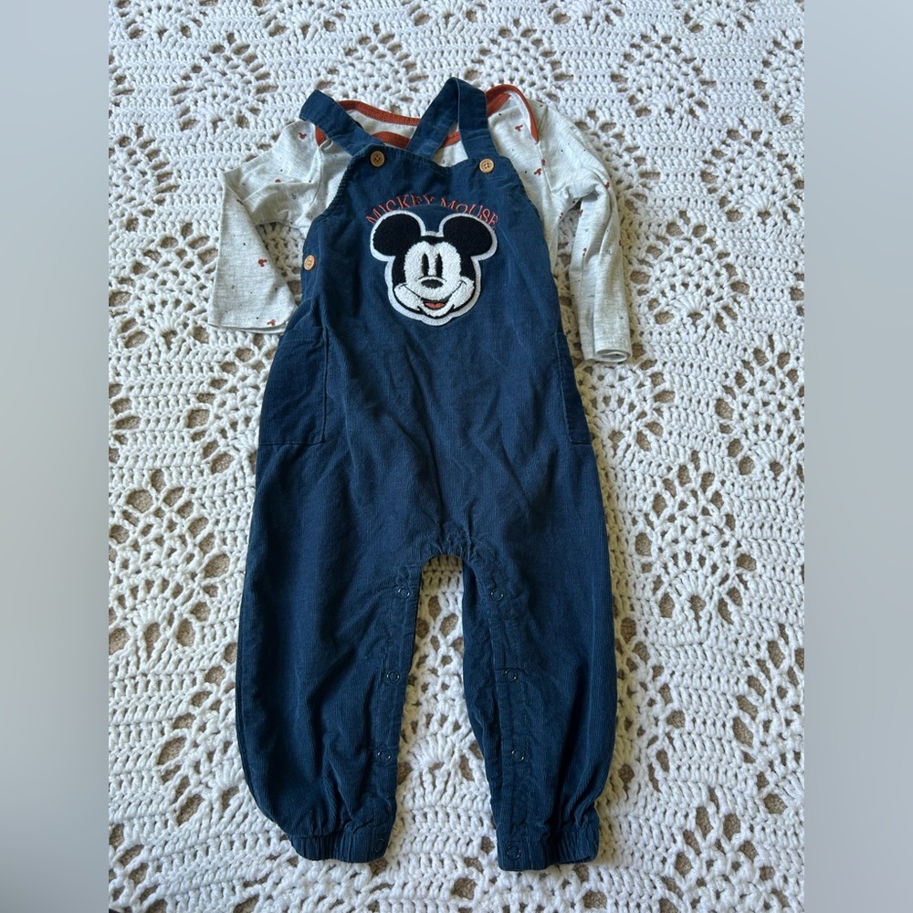 Disney Baby 24 Months Two Piece Set Blue Corduroy Overalls Long Sleeve Cream Top